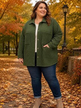Muk Luks Womens 1X Green Quilted Snap Front Shacket Jacket NWT Plus Size Fall XL